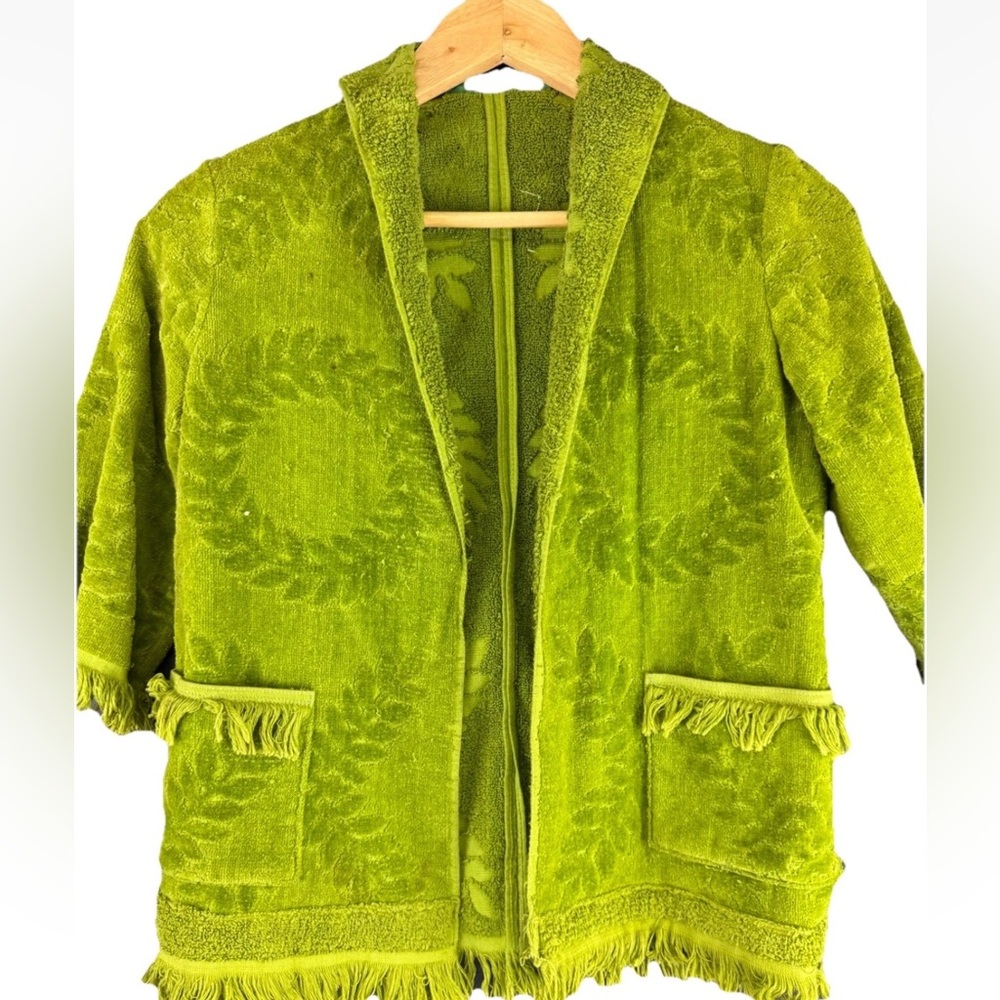 Vintage 70s Green Cannon USA Towel 1/4 Sleeve Shirt With Collar & Fringe